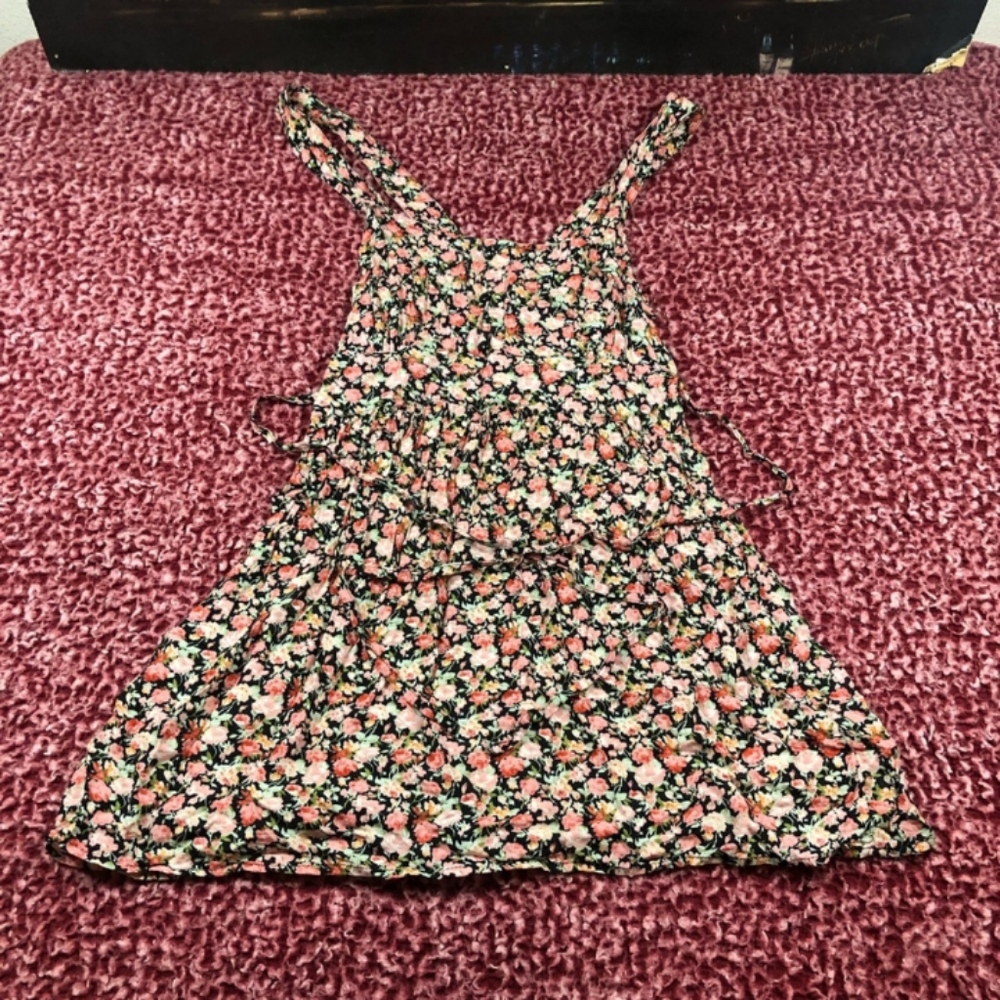 Brown dress with pink flowers threwout dress